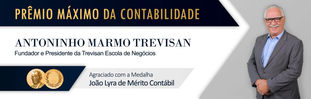 Banner com foto do Antoninho Marmo Trevisan, mencionando o prêmio Máximo da Contabilidade