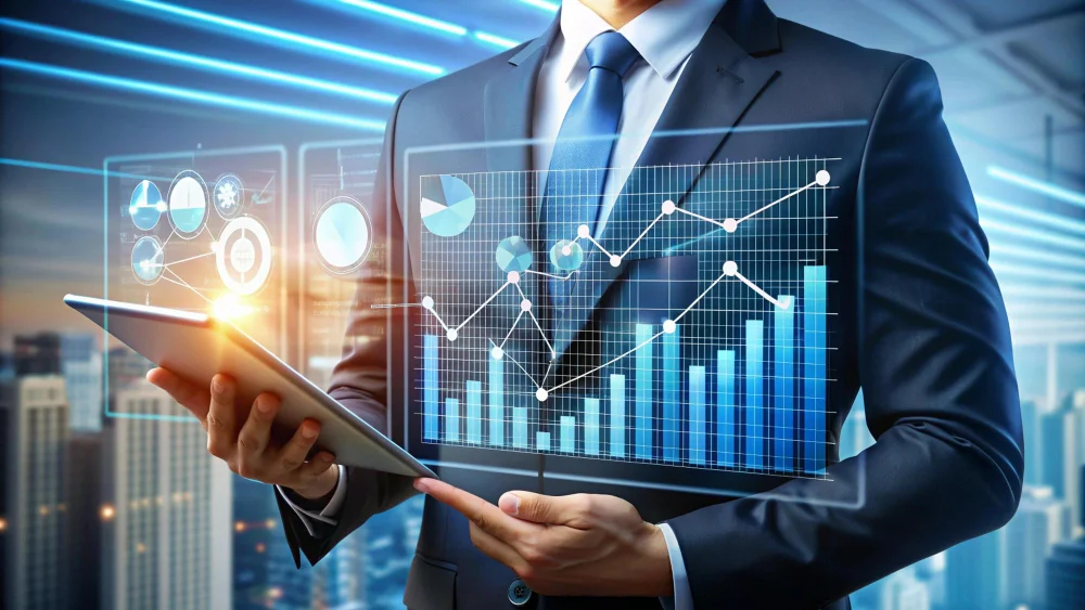 Homem de terno analisando dados financeiros de receita Saas em um tablet