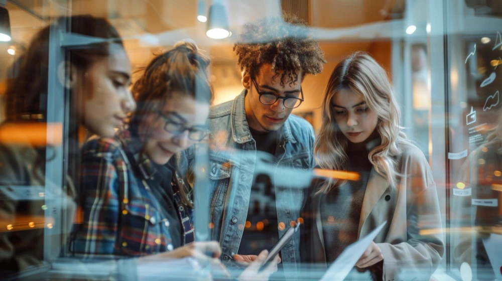 Equipe de startup interna apresentando protótipo em laboratório de inovação corporativa