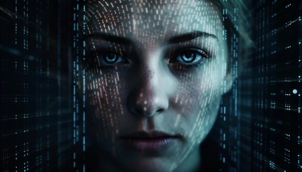 Representação visual de deepfake com rosto humano sobreposto a código digital.